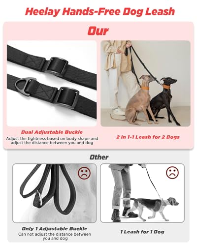 Freihändige Hundeleine für alle Formen, 2-3 m, doppelt verstellbare Schnalle, Crossbody mit gepolstertem Griff, für 1 oder 2 mittelgroße/große Hunde, 8-50 kg, Schwarz