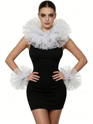 ANDHOM Renaissance Victorian Ruffle Collar and Wrist Cuffs Set Organza Colonial Clown Choker Neck Collar Cuff White