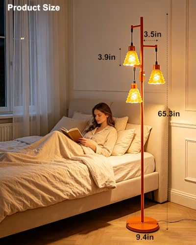 Image of Lightdot 67 inch Glass Floor Lamps for Living Room, 3-Light Dimmable Floor Lamp with Orange Glass Shade& Bulbs Included, Mid Century Standing Tall Lamp with 5Lbs Heavy Base for Bedroom /Sofa Beside