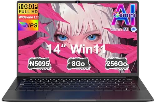 Ordinateur Portable 14 Pouces Celeron N5095 (jusqu'à 2,9 GHz) Win11 8Go 256Go SSD Extension 1To 5G WiFi FHD HDMl PC Portable avec Souris sans Fil qwerty...