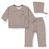 Hope & Henry Baby Long Sleeve Kimono Wrap Top, Leggings, and Bonnet 3-Piece Set, 0-3 Months, Light Taupe Herringbone Fleece Set