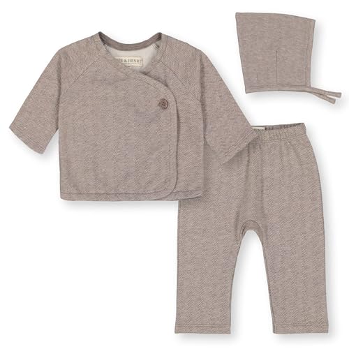 Hope & Henry Baby Long Sleeve Kimono Wrap Top, Leggings, and Bonnet 3-Piece Set, 0-3 Months, Light Taupe Herringbone Fleece Set