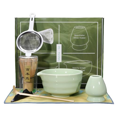 BrownPup 抹茶セット茶たて 茶碗 7セット泡立て器 茶筅 茶筅置き 茶杓 茶匙 ステンレス製フィルター 初心者と茶道愛好家向けに特別に設計された (グリーン)