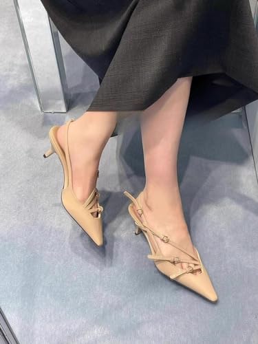 Divanne Slingback Heels for Women, Pointed Toe Kitten Heels Pumps Multi-Buckle Sling Back Shoes Low Heel Sandals Evening Party Wedding Shoes2