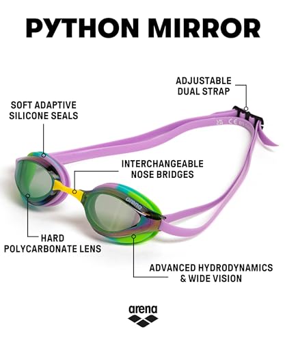 Image of ARENA Unisex Python Racing Swim Goggles for Men and Women Anti-Fog No Leak Max Comfort Dual Strap, Mirror /Non-Mirror Lens