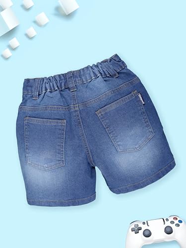 Image of KiddoPanti Boys Knee-Length Denim Shorts | Stretchable Cotton Poly Denim | Comfortable Fit with Button Elasticated Waistband & Zip Fly
