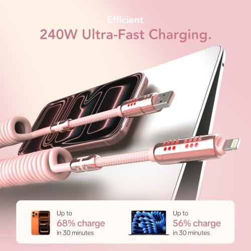 Image of MFish 4 in 1 Coiled USB C Cable, 6.6FT, 240W, Pink | Portable, Fast Charging, USB A /C to USB C and Lightning, iPhone 17 /16 /15, iPad, MacBook Pro /Air, Laptop, Android