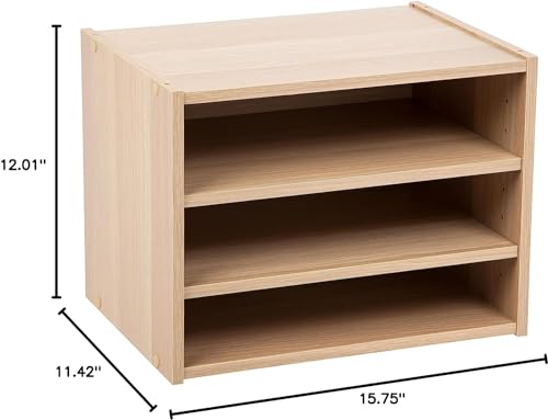 Image of IRIS USA 3-Shelves Modular Wood Stackable Storage Box, Easy Assembly, Customizable, DIY Bookcase, Stacking Storage Organizers, Cube Storage, Cubby Storage System, Home Office Closet, Light Brown