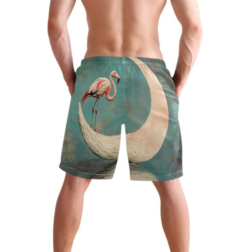 Men's Swim Trunks Flamingo Moon Print, Quick Dry Beach Board Shorts with Lining-S2