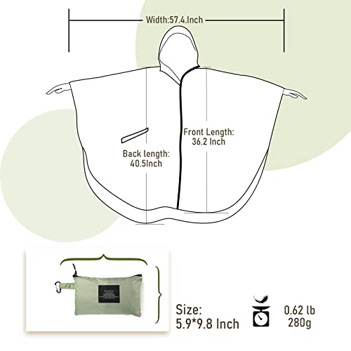 Regen Poncho Jacke Mantel für Erwachsene mit Kapuze wasserdicht mit Reißverschluss im Freien, Grasgrün