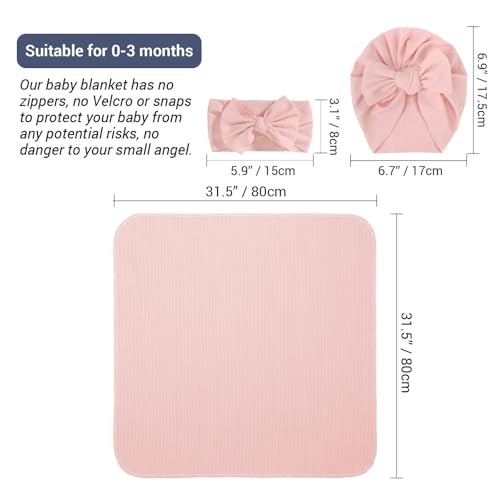 Image of DRESHOW BQUBO Baby Girl Newborn Receiving Blankets with Bow Hat Headband Wooden Birth Announcement Card Set Newborn Baby Swaddle Wrap Set Warm Shower Gift