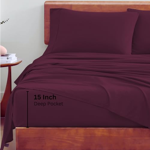Image of LANE LINEN 100% Organic Cotton Eco Friendly Full Size Bed Sheets, Mercerized Fully Elasticized Cotton Sheets Full, Percale Weave Soft & Comfy Comes in Variety of Colors- Windsor Wine