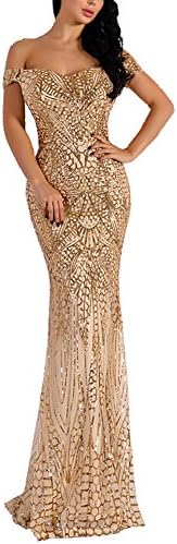 WRStore Women's Off Shoulder Sequined Evening Party Maxi Dress for Prom Gold Large