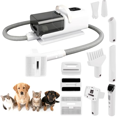 3-en-1 Aspirateur Poil de Chien, Tondeuse Chat avec 6 Peigne, Pulseur pour Chien, 3 Vitesses d'Air, Faible Bruit, avec Bac à Poussière 2.2L, 13 Accessoires de...