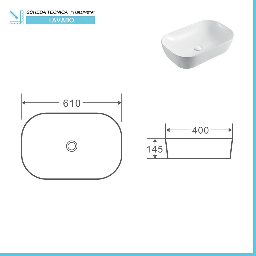 Lavabo da appoggio 60x40 rettangolare in ceramica lucida da installare su mensole o mobili bagno con top