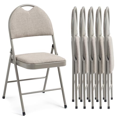 HOMEFUN Folding Chairs with Cushion Padded Foldable Chair 6 Pack Portable and Assembled Fold Dining Seat for Guests Kitchen Office Wedding Party Khaki