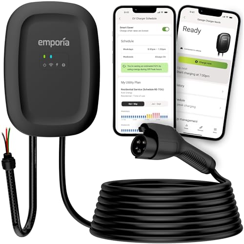 EMPORIA Level 2 EV Charger w/ J1772 Charger, 48 amp, Preconfigured for Hardwired Install with Whip, UL/Energy Star WiFi Enabled EVSE Level 2, 25ft Cable (Black)