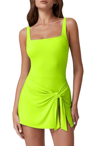 Image of QINSEN Square Neck Swim Dress for Women Tummy Control One Piece Swimsuit Wrap Bathing Suit