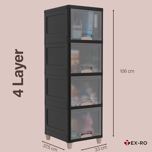 Image of TEX-RO 4XL Multipurpose Plastic Storage Cabinet with Drawers & Shelves | Wardrobe Organizer for Clothes | Toys & Books | Space-Saving Home Storage Cupboard | Black & Transparent