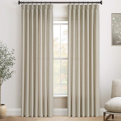 90 inch Long Pinch Pleat Linen Curtains with Clips for Bedroom Semi Sheer Light Filtering Pleated Curtains Pencil Look Burlap Textured Neutral Country Rustic Curtain Drapes for Dining Room Taupe