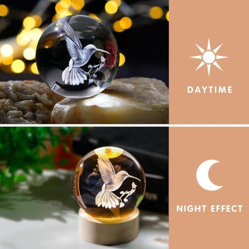 Image of 3D Crystal Ball Night Lamp, Crystel Ball Night Light with USB, LED Wooden Base Table Lamp for Bedroom Home Office Decoration Birthday Gift for Boys and Girls (Hummingbird Crystal Lamp)