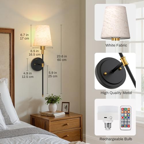 Image of DORESshop Battery Operated Wall Sconce Set of 2, 7 Color Wireless Wall Light Easy to Install, Sconce Wall Decor Set of 2 for Bedroom, Living Room, Fabric Linen Shade, Gold and Black, 24.6in
