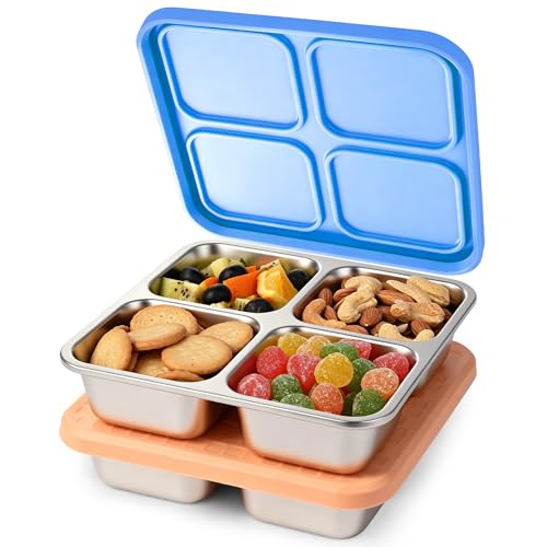 Image of 2 Pack Stainless Steel Snack Containers with Silicone Lids, Leakproof Bento Snack Boxes, Reusable 4 Compartment Metal Lunch Containers, Dishwasher Safe Food Storage for Meal Prep, Work & Travel (A)