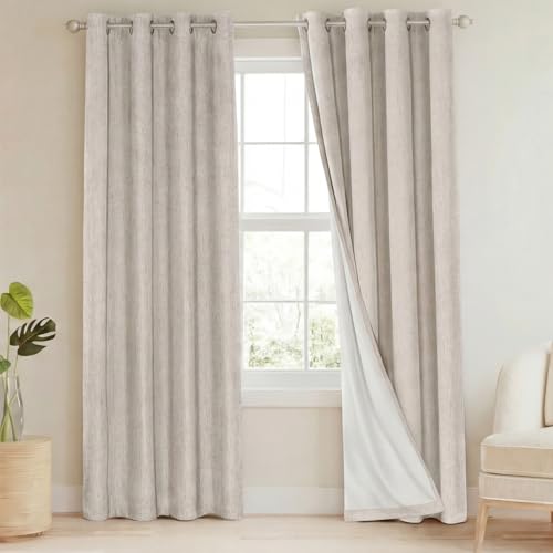 Image of PrinceDeco Linen 100% Blackout Curtains for Bedroom /Living Room Natural Colored Drapes Extra Long Curtains 90 Inch Long for Thermal Insulated Window Curtain Panels Linen Look Fabric with White Liner
