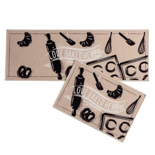 Kit Tapete para Cozinha Jogo 2 peças Passadeira Antiderrapante (Preto e Bege)