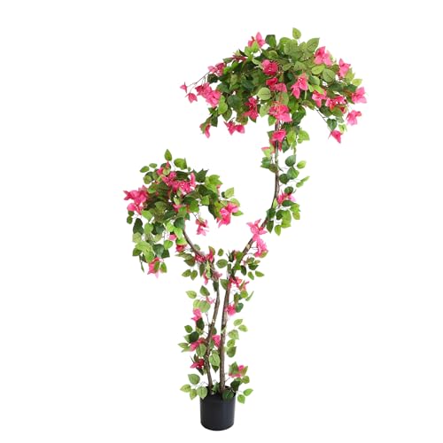 6FT Tall Artificial Bougainvillea Tree Fake Bougainvillea Tree with Flowers in Plastic Pot, Faux Silk Pink Spiral Blooming Tree for Decor Outdoor or Indoor Home Office