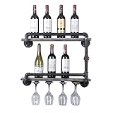 TANGGU Industrial Wine Racks Wall Mounted with 4 Stem Glass Holder,2-Tiers Rustic Metal Hanging Wine Holder,24in Wall Mount Bottle Holder,Pipe Shelves Kitchen/Living Room/Home Wood Wine Shelf