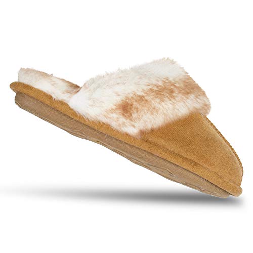 Jessica Simpson Women's Comfy Faux Fur House Slipper Scuff Memory Foam Slip On Anti-Skid Sole, Tan, Large #TOP6