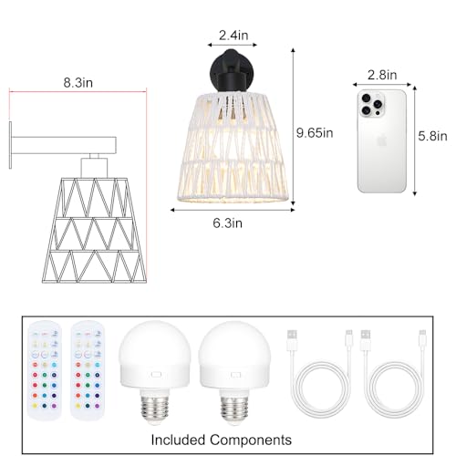 Image of Boho Battery Operated Wall Sconce Set of 2, White Rattan Rechargeable Wall Lights with Dimmable Bulbs and Remote,15 Colors Wireless Wall Lamps for Bedroom Living Room Hallway Decor