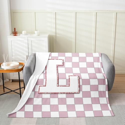 Image of Erosebridal Pink Initial L Fleece Blanket Twin 60 inchx80 inch Kawaii Plaid Checkered Flannel Blanket Cute Personalized Monogram Fuzzy Plush Throw for Kids Girls,Fashion Grids Gingham Decor for Bed Couch