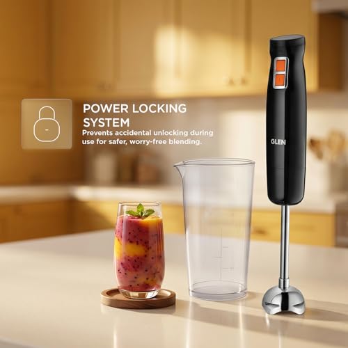 Image of Glen Hand Blender with Detachable Stainless Steel Arm,Low Noise powerfull DC Motor, Slim Grip Easy One-Hand Operation, Ideal for Turbo Speed Control Soups,Saag, Purees & Smoothies- Black (4063 HB BL)