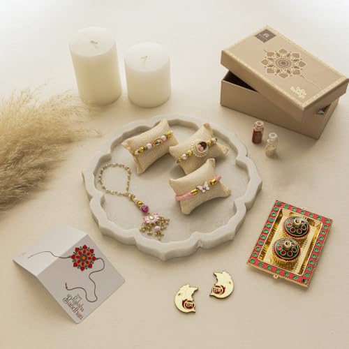 Image of Premium Handmade Designer Rakhi Set for Brother and Bhabhi Adjustable Couple Rakhi with Roli Chawal & Nariyal