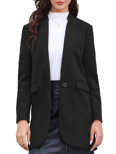 Allegra K Pea Coats for Women Winter Stand Collar One Button Mid Long Outwear Overcoat Blazer Large Black