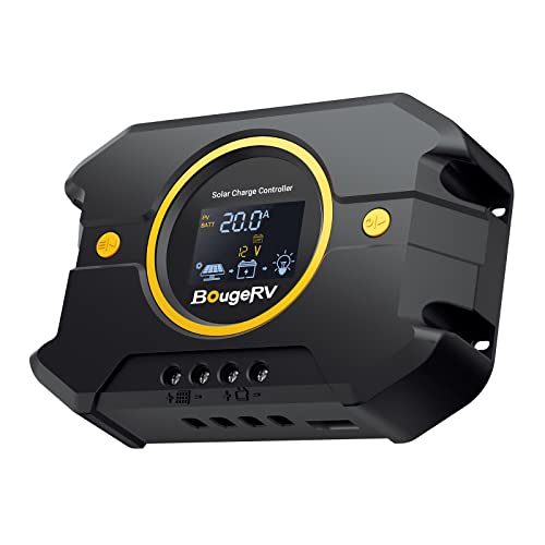 BougeRV 20A PWM Solar Charge Controller with BT APP Control, Backlit LCD Display, USB Port, 12V/24V, Compatible with Lithium/AGM/Gel/FLD Batteries, Ideal for RV Marine Boat Off-Grid Systems