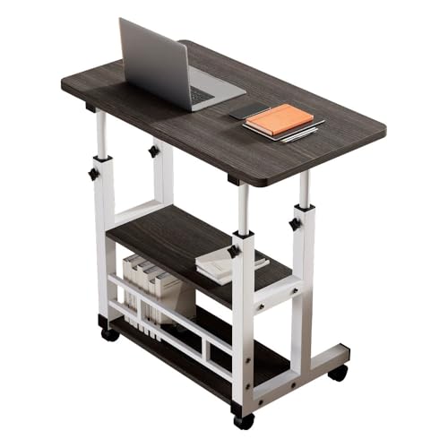 サイドテーブル キャスター付き 昇降式テーブル 高さ調節可能(60cm~90cm) 移動式 ベッドテーブル 360°回転 組み立て簡単 安定 角が丸い オフィス 仕事デスク 家庭用 在宅勤務 学習 説明書付き (濃い灰色, 80x40cm)