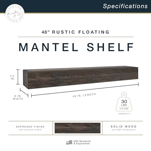 Image of MCS 48-Inch Mantel, Master & Co Espresso Finish Solid Wood Floating Fireplace Mantel, Long Floating Shelf for Livingroom with Wood Cleat Hanging System, Photo and Home Decor Display Shelf