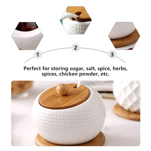 Image of Ceramic Condiment Pots, Set of 3 Condiment Spice Jar Container with Bamboo Lids and Spoon, Seasoning Spice Jar Pots for Kitchen, Coffee Bar, White