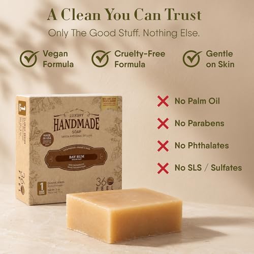 Image of 360Feel Bay Rum Bar Soap - Made in the USA - Castile Handmade, All-Natural, Cold-Processed - Bay Rum Essential Oil - Moisturizing with a Spicy Scent - Calm - Rich, Creamy Lather - (5oz) (Pack of 3)