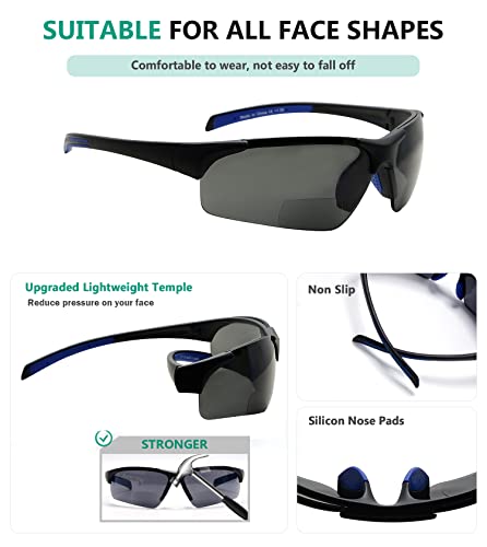 Eyekepper TR90 Unbreakable Sports Half-Rimless Bifocal Sunglasses Baseball Running Fishing Driving Golf Softball Hiking Matte Black Frame Grey Lens +1.254