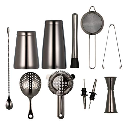 11-Piece Black Cocktail Shaker Bar Set: 2 Weighted Boston Shakers Cocktail Strainer Set Double Jigger Cocktail Muddler and Spoon Ice Tong and 2 Liquor Pourers 11-Piece Black Cocktail Shaker Bar Set: 2 Weighted Boston Shakers Cocktail Strainer Set Double Jigger Cocktail Muddler and Spoon Ice Tong and 2 Liquor Pourers