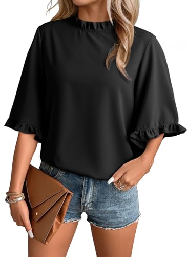 EVALESS Summer Outfits for Women Crewneck Bell Sleeve Tops with Ruffled Trim Cute Shirts Casual Loose Fit 2025