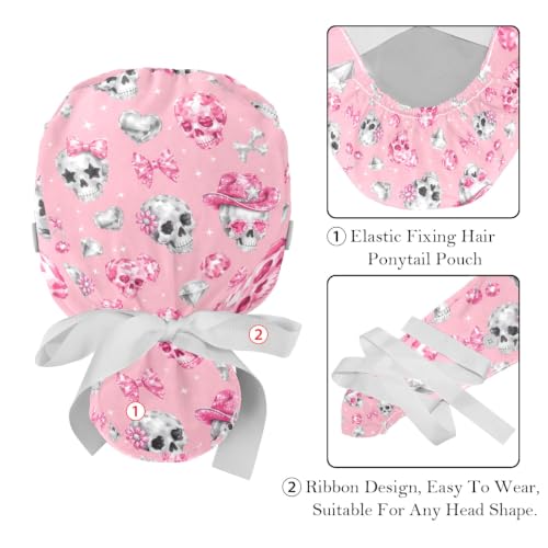 Image of 2 PCS Bouffant Cap with Button Ponytail Pouch Working Cap Sweatband Adjustable Surgical Cap Black and White Cow