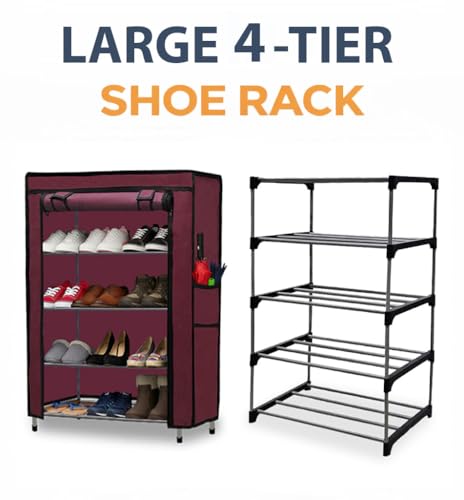 Image of Metal Shoe Stand with Cover, 4 Tier Shoe Organizer for Home & Office - Maroon