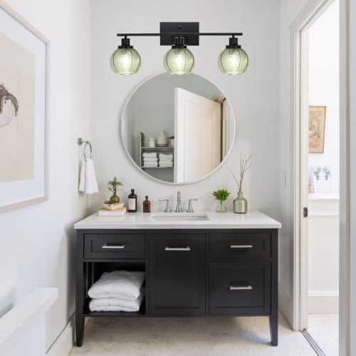 Image of Farmhouse 3-Light Sage Green Glass Vanity Wall Light Fixture | Industrial 3-Light Sage Green Ribbed Globe Wall Sconce, E26 Lighting For Laundry, Powder Room, Hallway