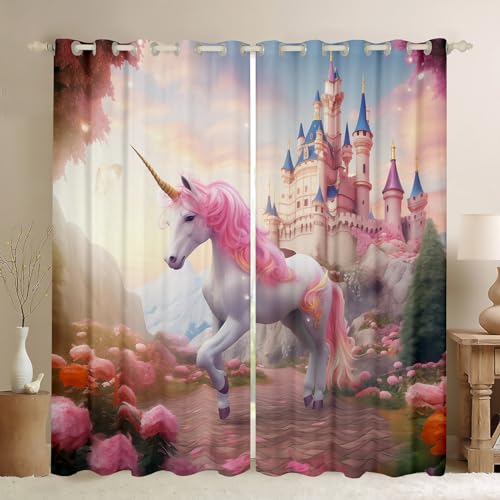 Homemissing White Horse Window Curtains for Bedroom Living Room Pink Unicorn Window...