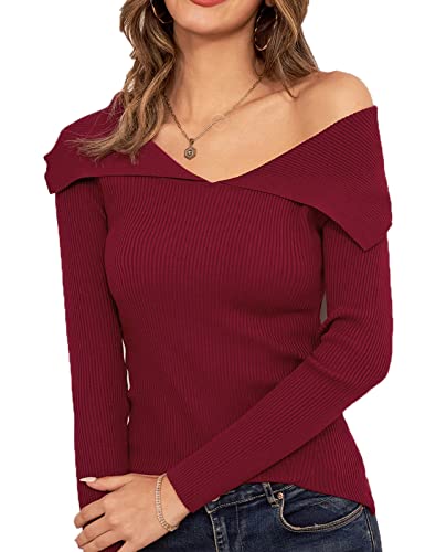 GRACE KARIN Pulls Femme Manche Longue Vintage Sweats Femme Epaule Dénudé Grande Taille Hiver Fêtes Noel Elegant Vin Rouge -2 XL